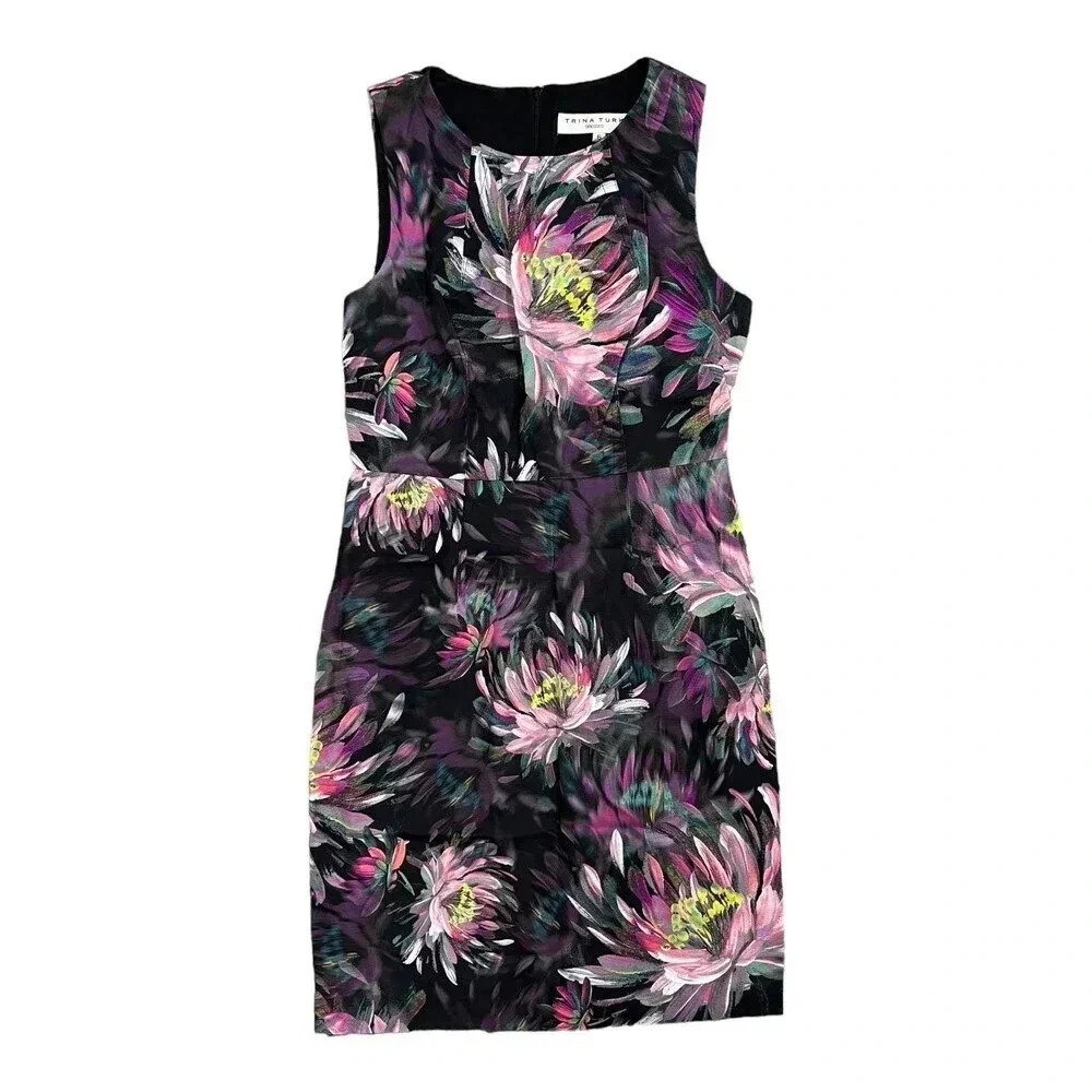 Trina Turk Kurdson Watercolor Water Lily Faille Sleeveless Sheath Dress 6